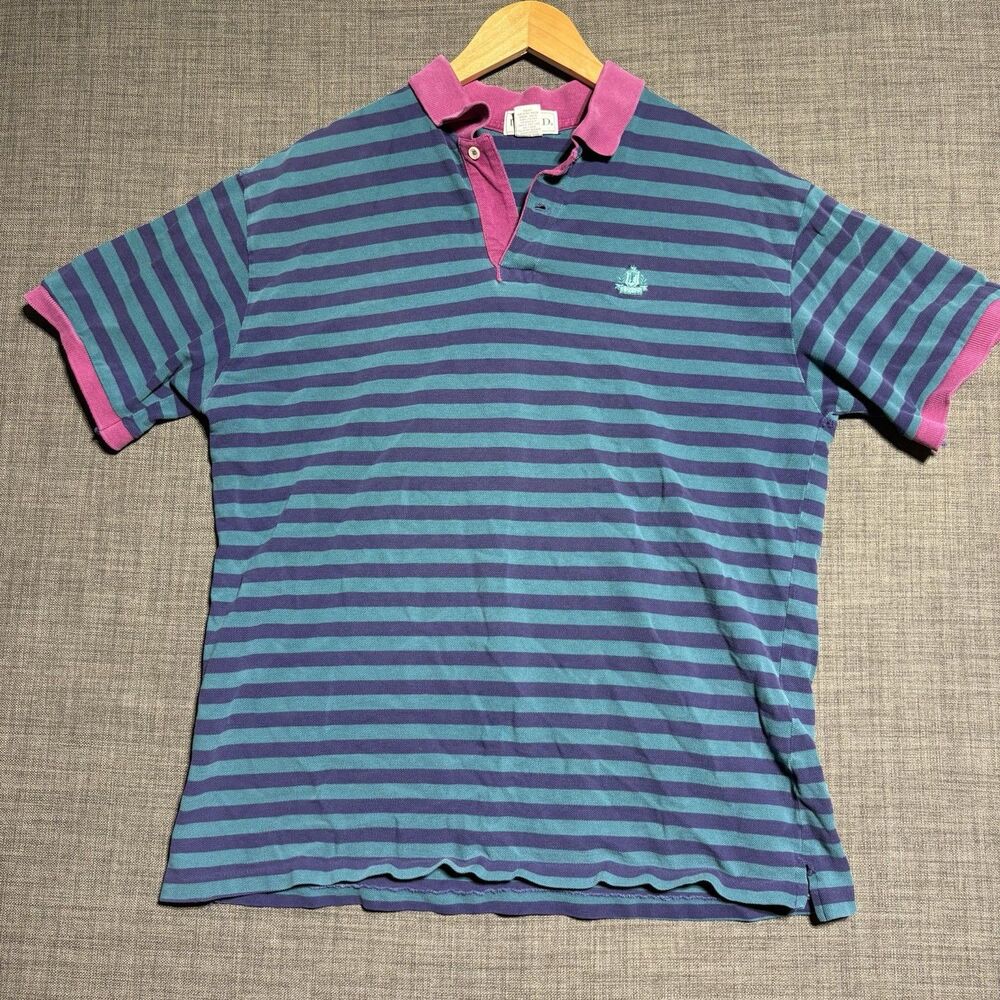 Vintage Izod Polo Shirt Mens XL Green Striped Cotton Blend USA Made Preppy